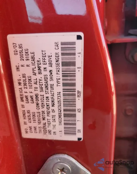2007 Honda Accord Se from USA, damaged, VIN 1HGCM664X7A057374